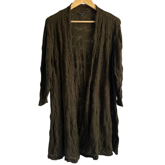 Eileen Fisher XL 100% Merino Wool Crinkle Knit Beaded Long Line Open Cardigan‎ - Picture 1 of 7
